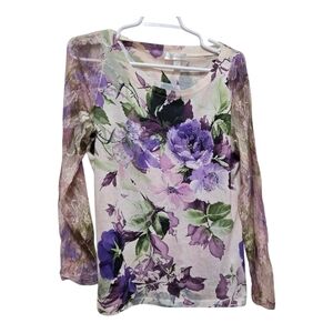 Dressbarn Floral Lace Sleeve Blouse Purple Green Large
